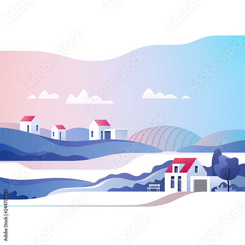 Abstract countryside landscape. Rural area with hills, fields and houses. Vector illustration.