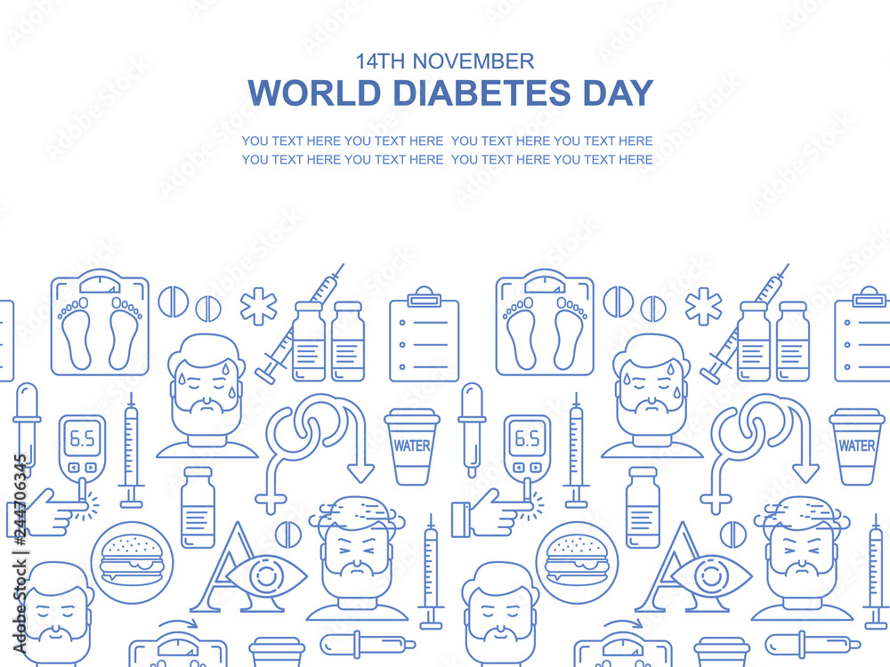 Diabetes vector linear background. Diabetic therapy line style blue icons set. Blood glucose test. World diabetes day with blue circle. Diabetes vector linear background. Diabetic therapy line style blue icons set. Blood glucose test. World diabetes day with blue circle.