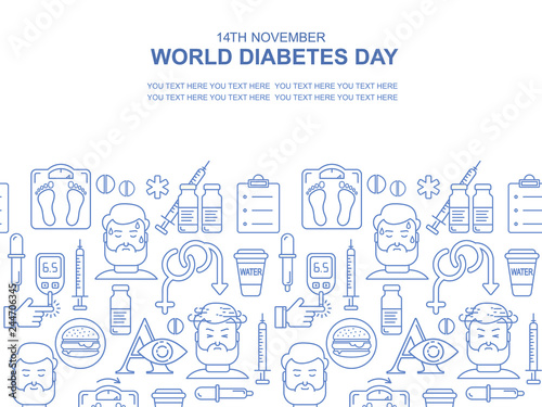 Diabetes vector linear background.  Diabetic therapy line style blue icons set. Blood glucose test. World diabetes day with blue circle. © Alena