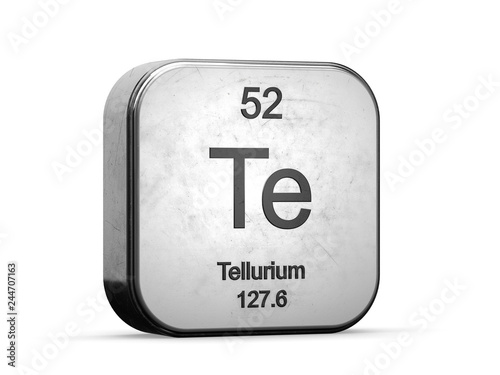 Tellurium element from the periodic table. Metallic icon 3D rendered on white background	