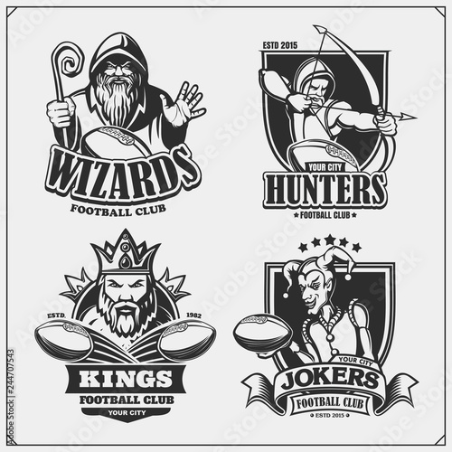Set of football emblems, badges, logos and labels with hunter, wizard, king and joker. Print design for t-shirts.