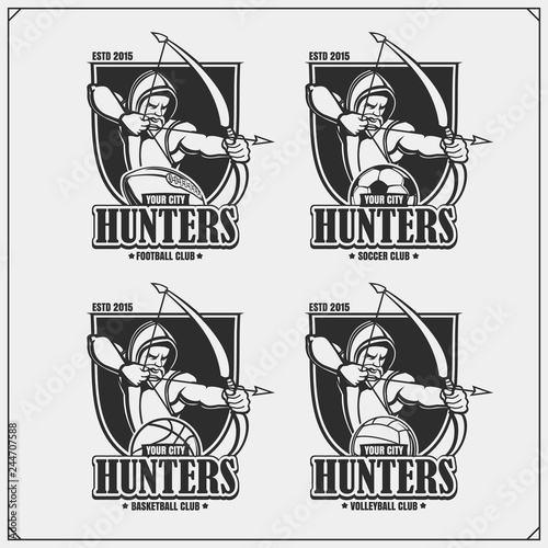 Volleyball, basketball, soccer and football logos and labels. Sport club emblems with archer and hunter. Print design for t-shirts.