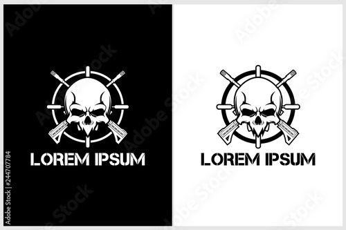skull head with crosshair and rifle vector logo template