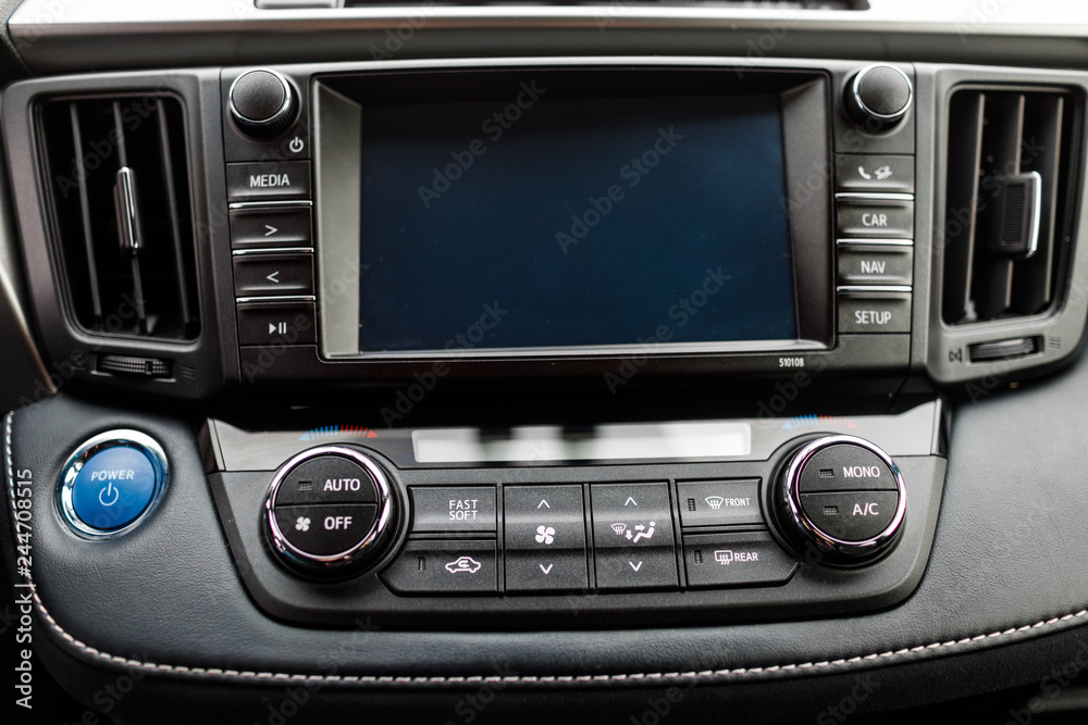 Fototapeta premium Luxury prestige car interior, dashboard, steering wheel.