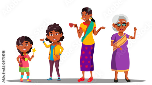 Indian Generation Female Set Vector. Grandmother, Mother, Daughter, Granddaughter, Baby. Vector. Isolated Illustration