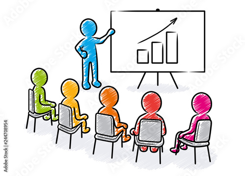 Business presentation: Speaker points to a flipchart with rising chart icon in front of sitting spectators / Hatched vector drawing