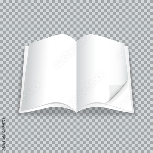 Open book isolated on transparent background. Open blank catalogue or brochure with turned sheet mock up. Vector illustration.