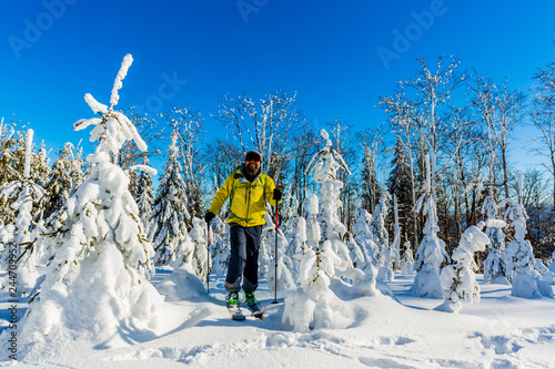 Ski in Beskidy mountains. The skituring man  backcountry skiing in fresh powder snow.