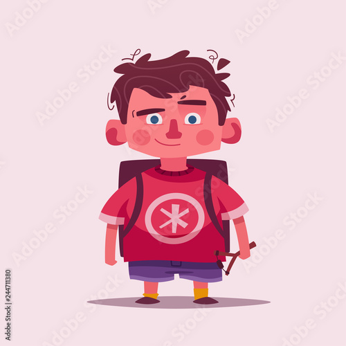 Cute boy character. Cartoon vector illustration. Schoolboy with a slingshot