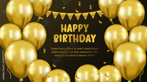 3D birthday gold balloon helium for invitation luxury party. Banner poster template