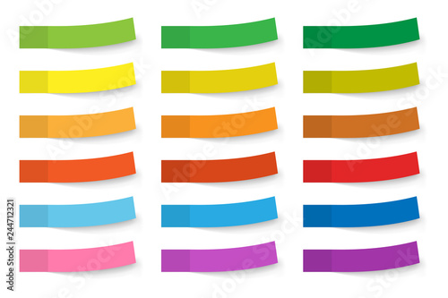 Set of 18 bright color paper stickers with shadows isolated on white background. Vector design elements collection