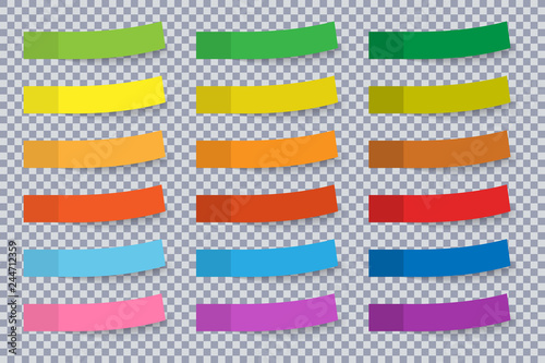 Set of 18 office paper stickers with shadows isolated on transparent background. Vector design elements collection