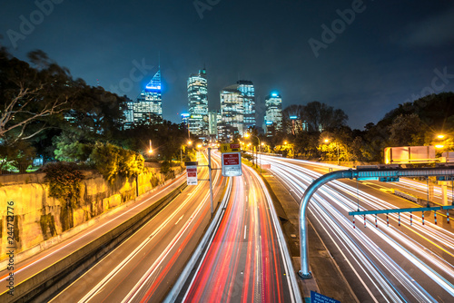 multi lane cross city highway in Sydney, Australia, from above towards city CBD. © mawardibahar