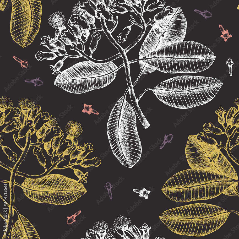 Seamless pattern with hand drawn clove tree leaves, flowers and seeds ...