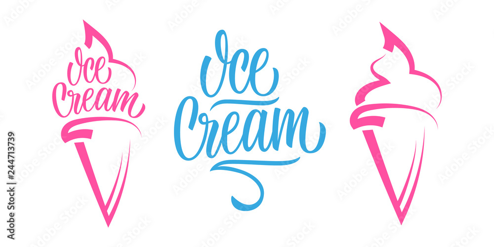 Ice Cream set with handwritten inscription Ice Cream and ice cream cone. Creative template for restaurant, cafe menu, food market, packaging. Vector illustration.  - obrazy, fototapety, plakaty 