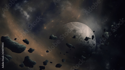 Sci-fi space background with asteroid field near planet in nebula