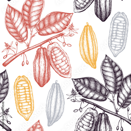 Vector Cocoa tree illustration. Vintage background with hand drawn with leaves, flowres, fruits and beans. Botanical seamless pattern. Aromatical and tonic elements sketch.