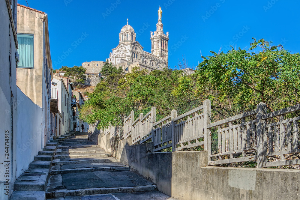 The ascent to the basilicia Notre Dam de la Garde in Marseille, France