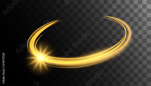 Circle gold shiny light effect. Rotational glow line.Glowing ring trace background. Round frame vector 