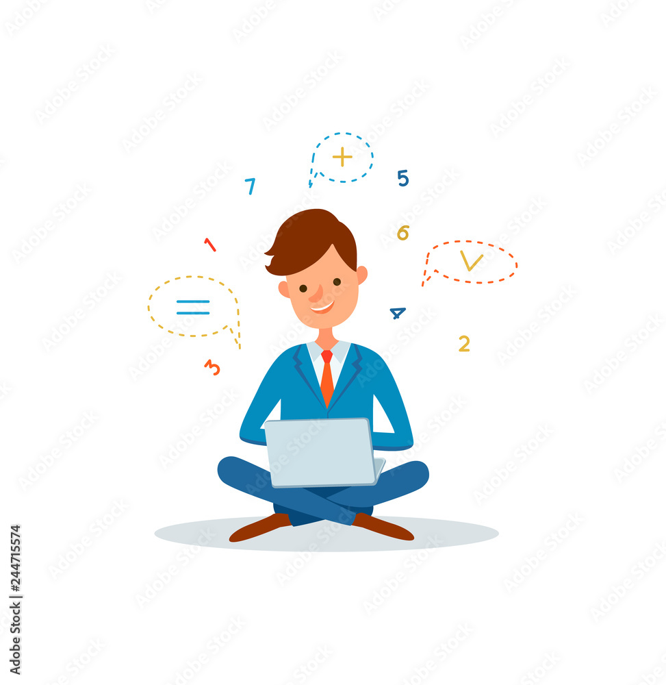 Man Working on Laptop with Numbers Accounting Man Working on Laptop with Numbers Accounting