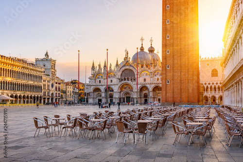 View of Basilica di San Marco and Campanile on piazza San Marco in Venice, Italy. Architecture and landmark of Venice. Sunrise cityscape of Venice. photo