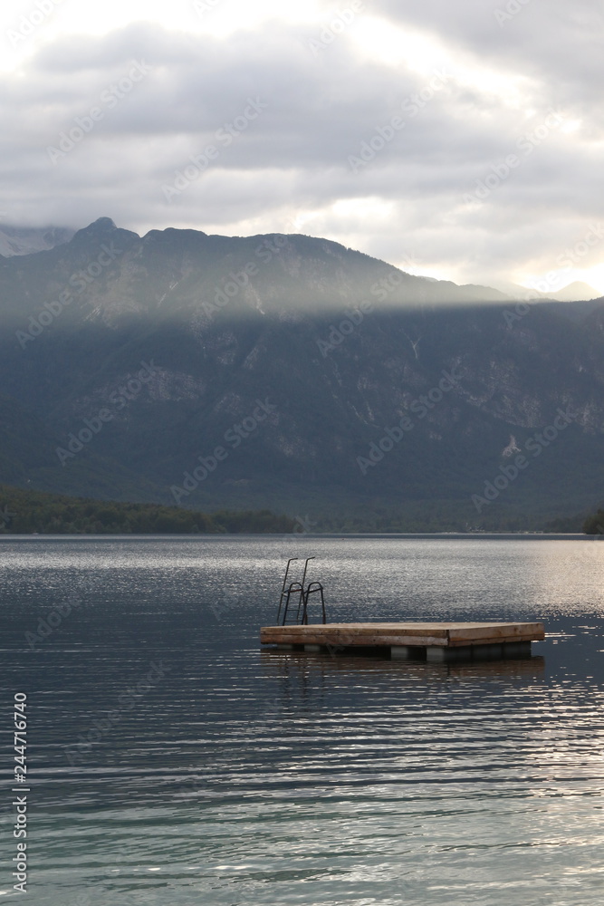 Swimming platform in beautiful nature scenery, Lake Bohinj, Slovenia Swimming platform in beautiful nature scenery, Lake Bohinj, Slovenia