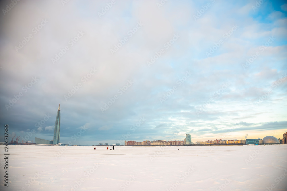 View of the city from the Neva Bay in winter	