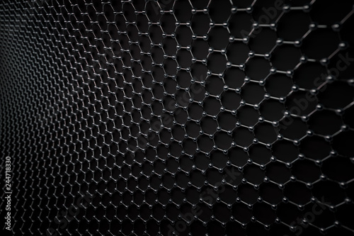3D rendering of graphene surface, glossy black bonds and carbon atoms photo
