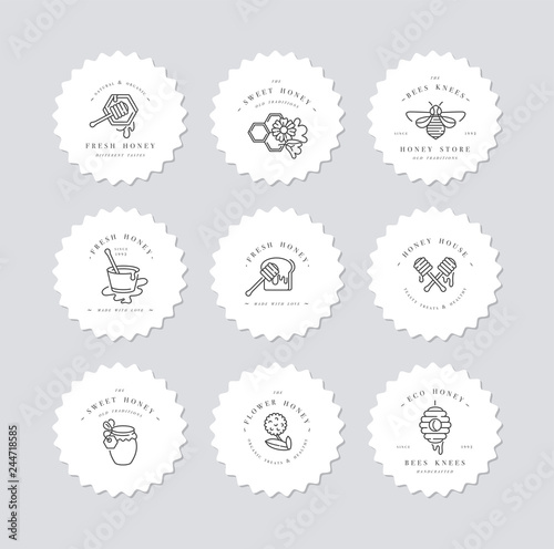 Vector set illustartion logos and design templates or badges. Organic and eco honey labels and tags with bees. Linear style.