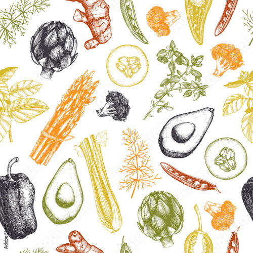 Seamless vector pattern with hand drawn vegetables and spices. Organic food sketch. Vintage kitchek herbs background.