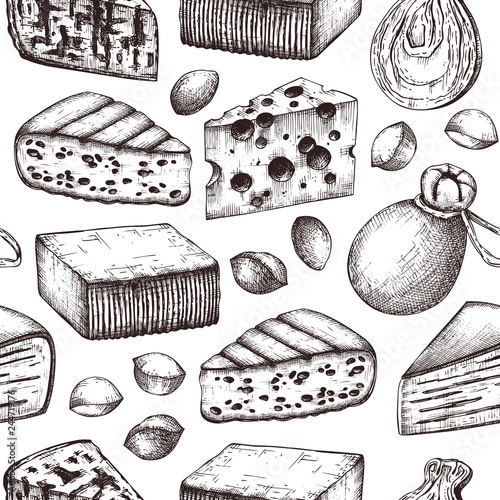 Vector background with cheese sketches. Hand drawn food illustrations on white background. Vintage seamless pattern. Cafe, shop or restaurant design.