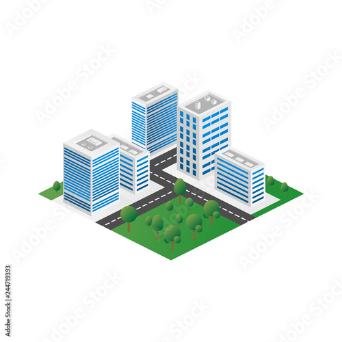 Megapolis 3d isometric three-dimensional view of the city. Collection of houses, skyscrapers, buildings, built and supermarkets with streets and traffic