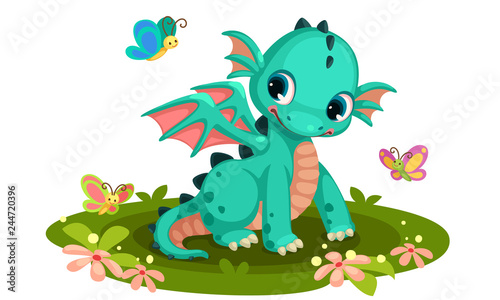 Fotografie, Obraz Cute green baby  dragon cartoon with butterflies