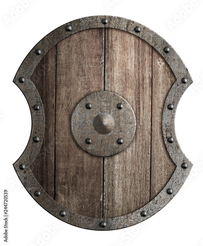 Round wooden shield with metal frame isolated 3d illustration