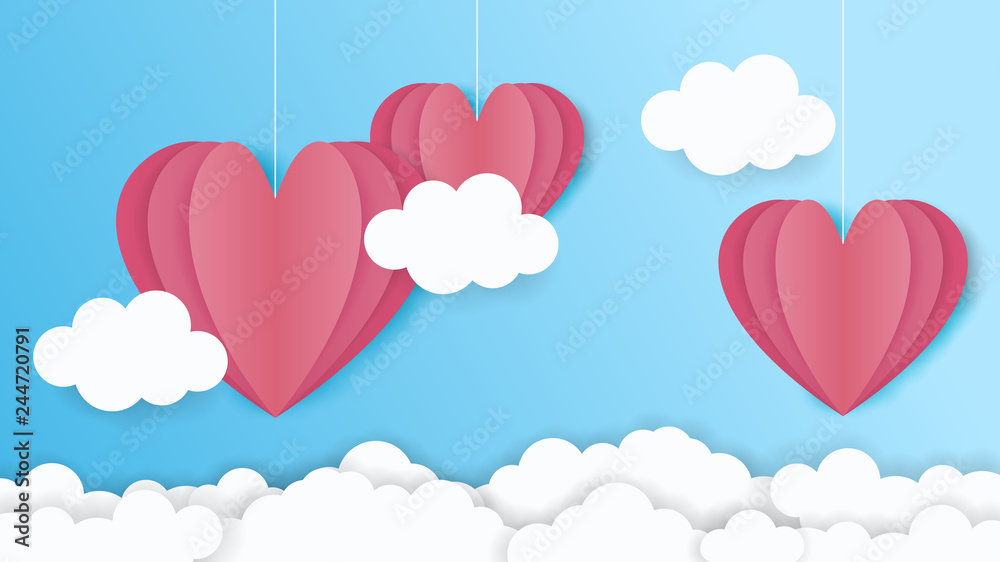Valentines day , Illustration of love , red heart balloons flying on grass