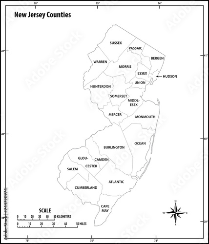 new jersey state outline administrative and political vector map in black and white