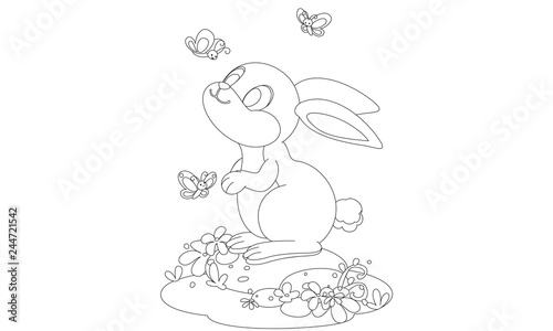 Cute rabbit with butterfly cartoon outline drawing