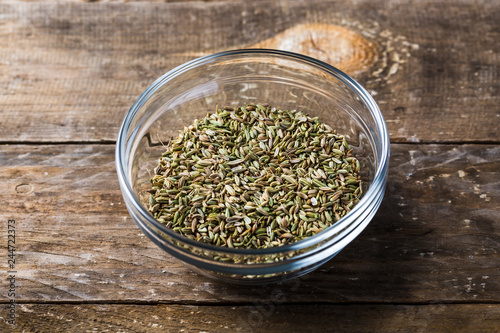 Closeup of fennel seeds in a glass bowl 