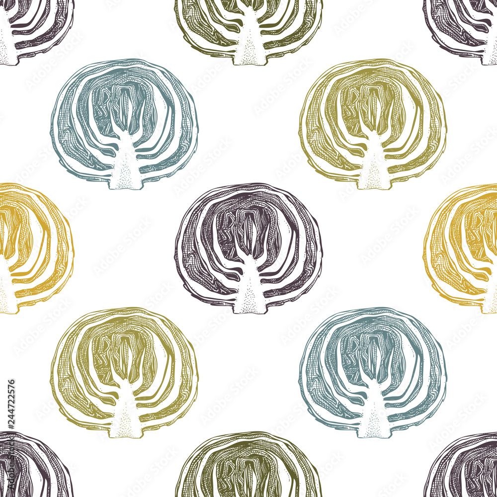 Hand drawn red (purple) cabbage with leaves and head. Vintage vegetables background. Vector harvest seamless pattern. Hand drawn red (purple) cabbage with leaves and head. Vintage vegetables background. Vector harvest seamless pattern.