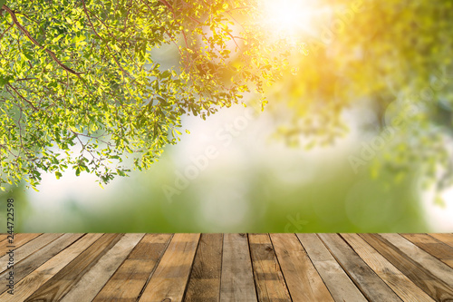 wood table on bokey  green nature background