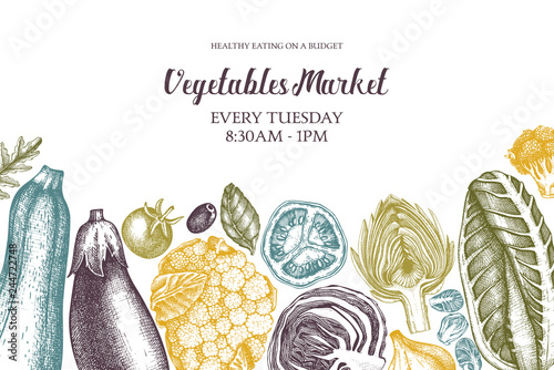 Vegetarian menu top view frame.  Hand drawn vegetables and spices sketches. Organic food illustrations. Fresh farm products vector design on white background.