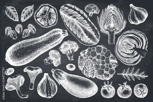 Vector collection of hand sketched vegetables. Vintage veggies and spices illustrations set. Healthy food drawings for vegetarian or organic menu design. Farm fresh products in engraved style