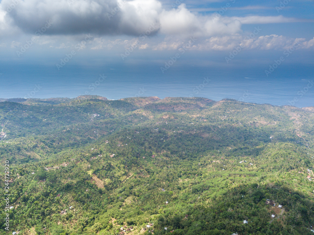 Aerial view of Agong mount and countryside village at Bali, Indonesia.
