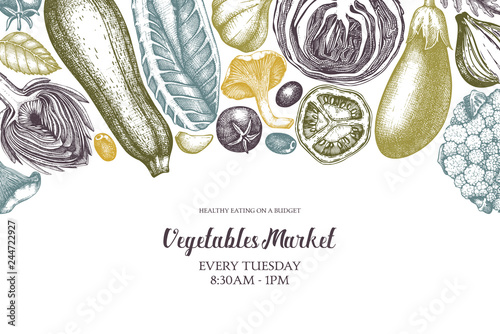 Vegetarian menu top view frame.  Hand drawn vegetables and spices sketches. Organic food illustrations. Fresh farm products vector design on white background.