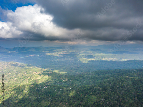 Aerial view of Agong mount and countryside village at Bali, Indonesia.