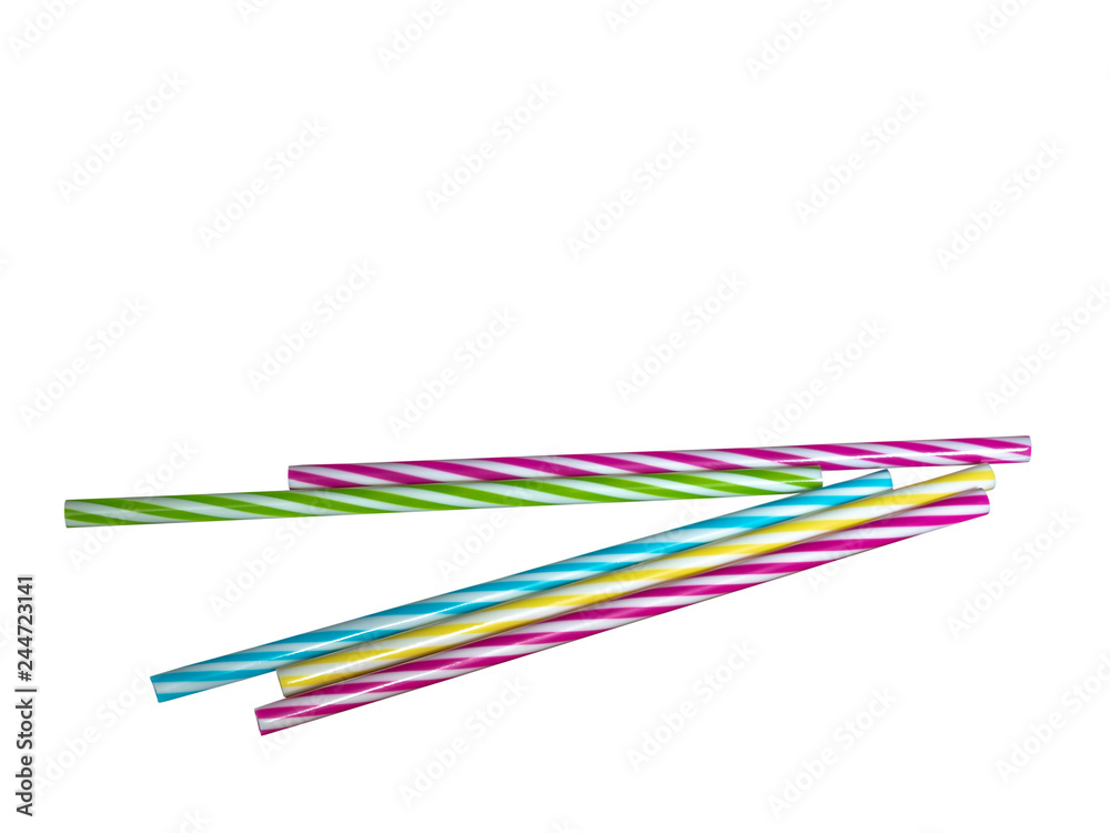 Colourly striped plastic drinking straws, white underground background