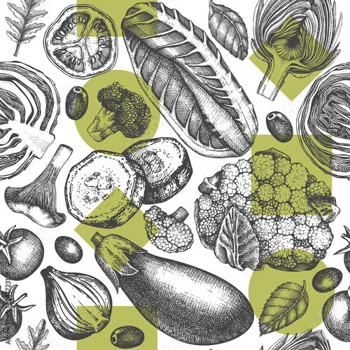 Vector background with hand drawn vegetables and spices sketches. Seamless pattern for fresh market design. Vintage healthy food illustrations isolated on white.