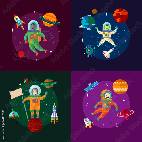 Astronauts, space, spaceship and planets.