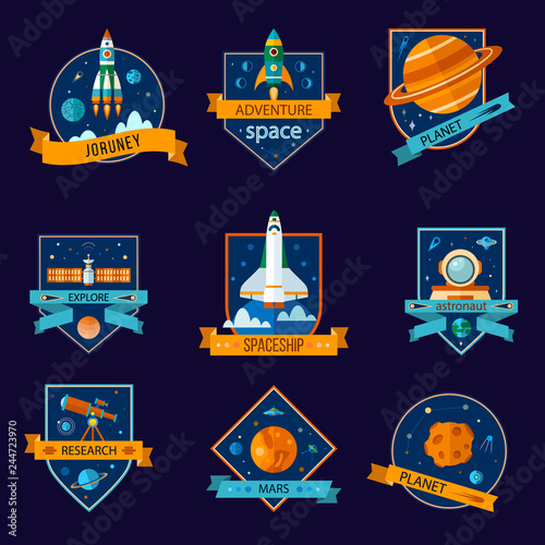 Set of space and astronaut badges.