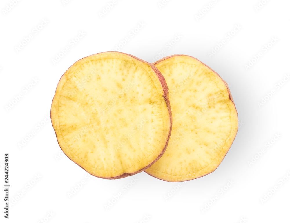 slice yams on isolated white background. top view